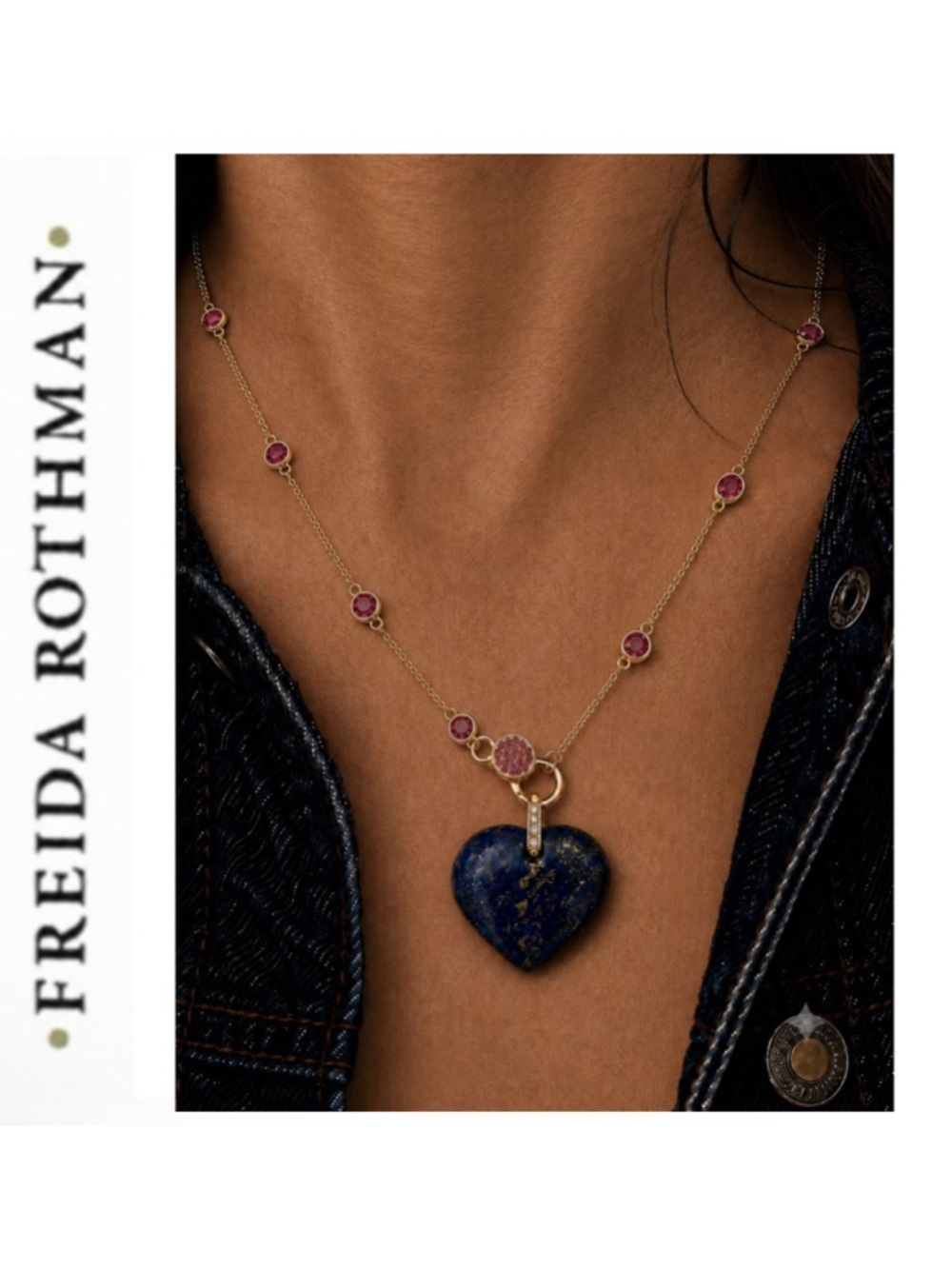 Freida Rothman Vault Blue Lapis Puffy Heart Pendant & Pink Lumi Bezel Necklace